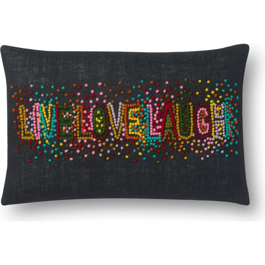 Live Love Laugh Pillow by Loloi in black, multi. Made from 100% cotton in a modern style.