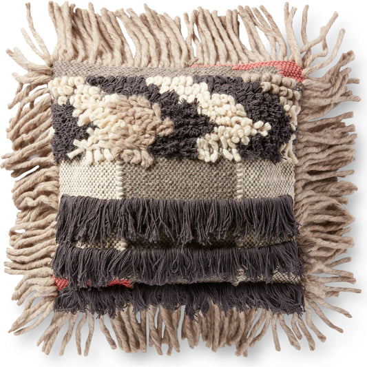 P0093 Pillow by Loloi in grey, multi. Made from 30% cotton, 35% jute, 10% wool, 10% chindi in a rustic style.