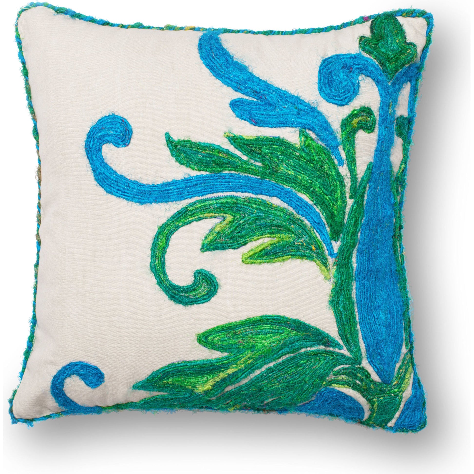 P0232 Pillow by Loloi in green, blue. Made from 60% cotton, 40% silk in a coastal style.