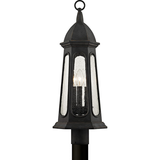 Astor Post by Troy in vintage iron. Made from solid aluminum in a transitional style.