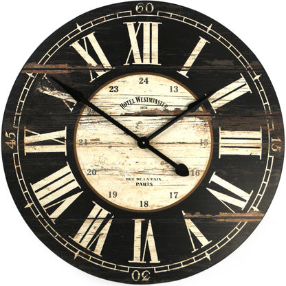 Antique Black Wooden Wall Clock by Zentique in antique black and mdf. Made from mdf in a cottage & farmhouse style.