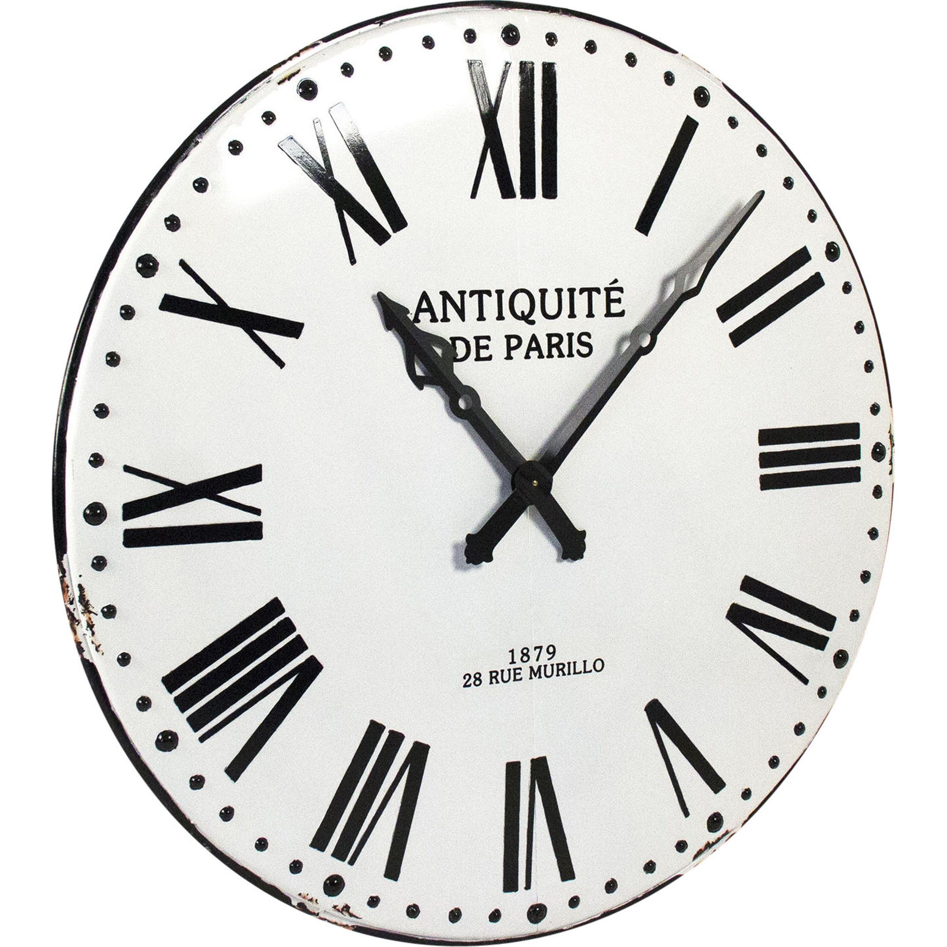 Corvin Wall Clock by Zentique in distressed white with black numbers and iron. Made from iron in a traditional style.