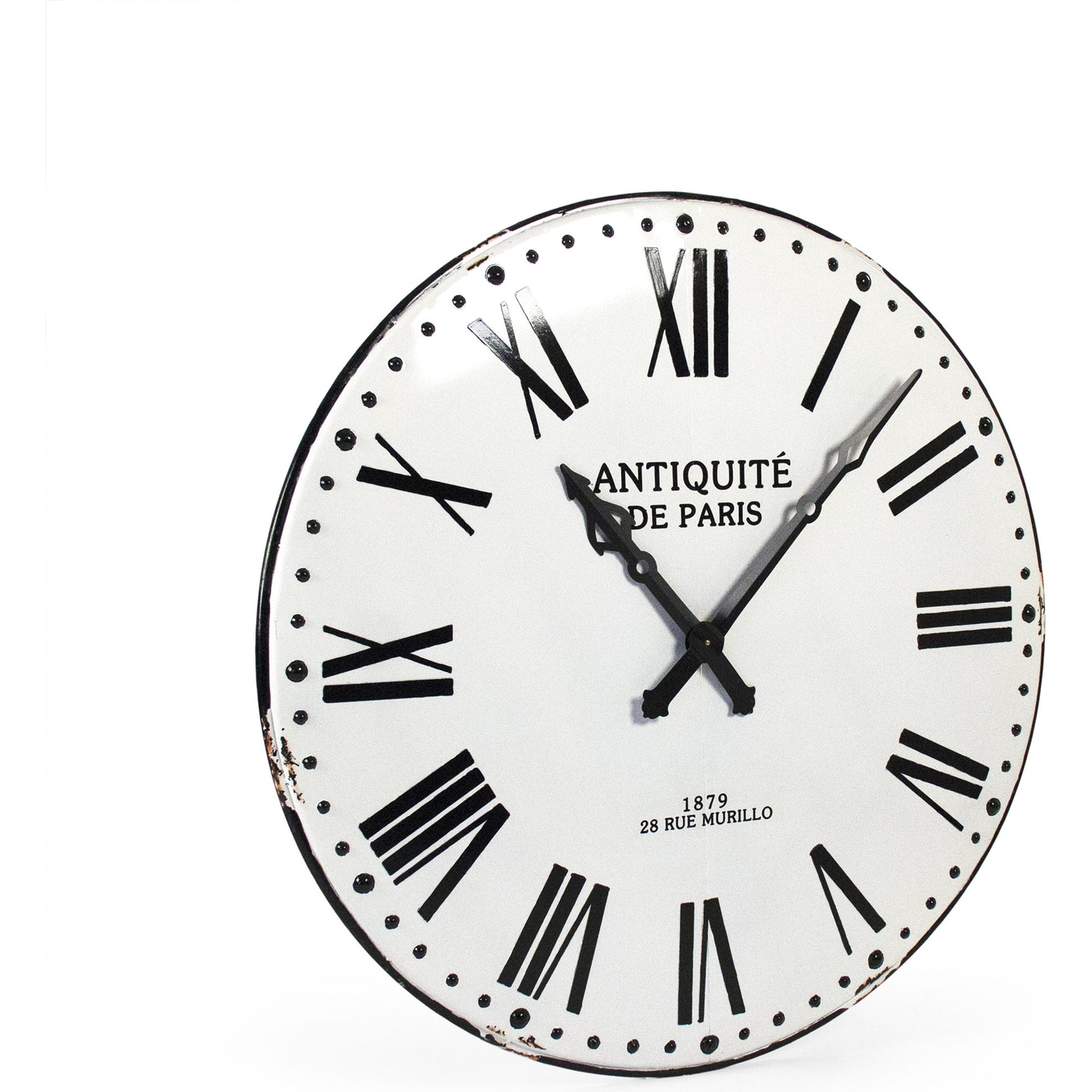 Corvin Wall Clock by Zentique in distressed white with black numbers and iron. Made from iron in a traditional style.