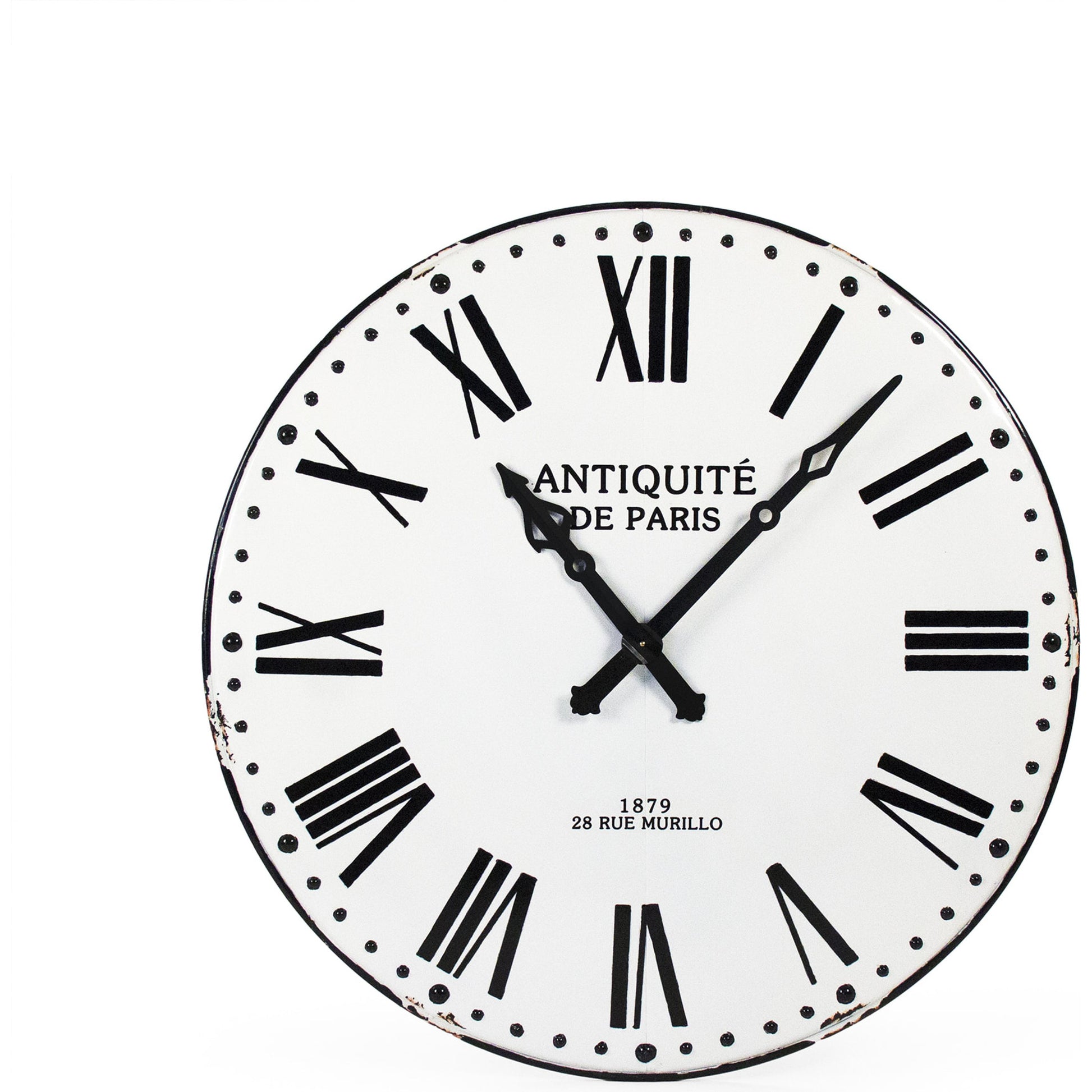Corvin Wall Clock by Zentique in distressed white with black numbers and iron. Made from iron in a traditional style.