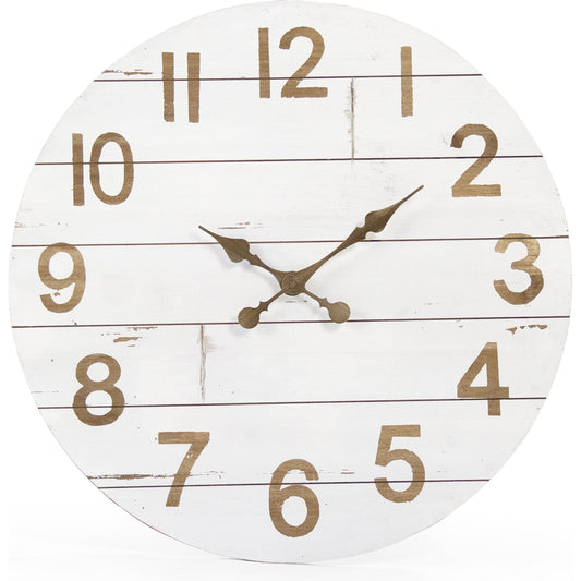Cheval Wall Clock by Zentique in dsitressed white, light brown and fir wood. Made from fir wood in a traditional style.