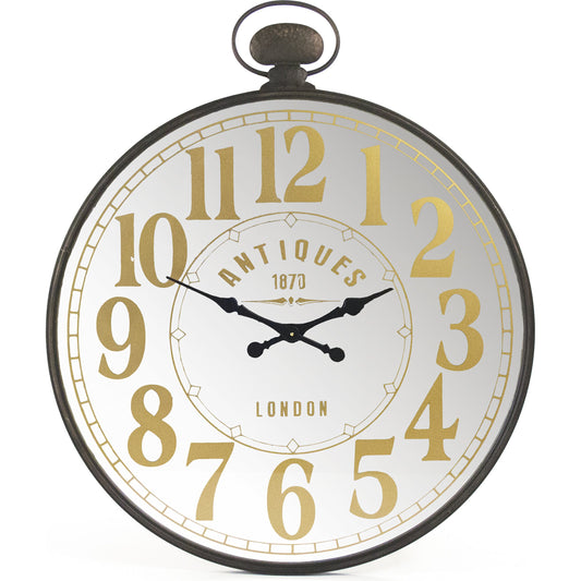 Burnell Wall Clock by Zentique in black, reflectifve glass and iron, mirror. Made from iron, mirror in a traditional style.