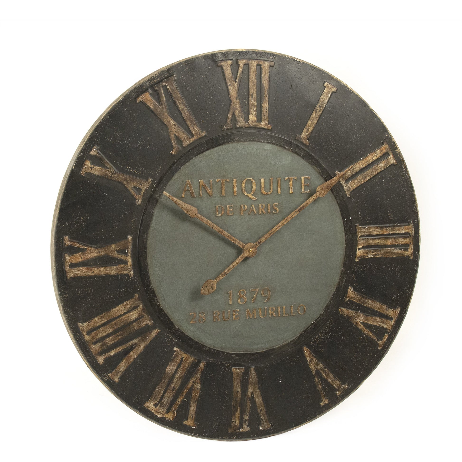 Distressed Dark Grey Wooden Frame Iron Wall  Clock by Zentique in distressed dark grey. Made from wood, iron in a cottage & farmhouse style.