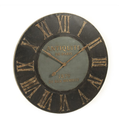 Distressed Dark Grey Wooden Frame Iron Wall  Clock by Zentique in distressed dark grey. Made from wood, iron in a cottage & farmhouse style.