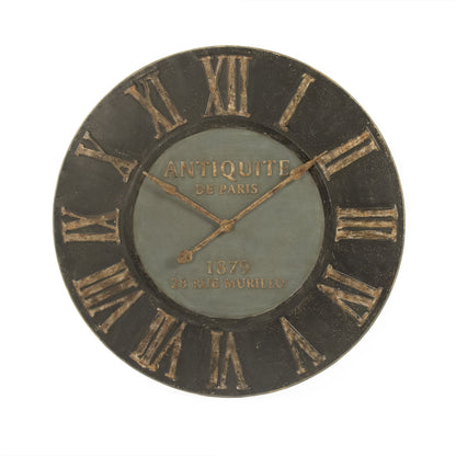 Distressed Dark Grey Wooden Frame Iron Wall  Clock by Zentique in distressed dark grey. Made from wood, iron in a cottage & farmhouse style.