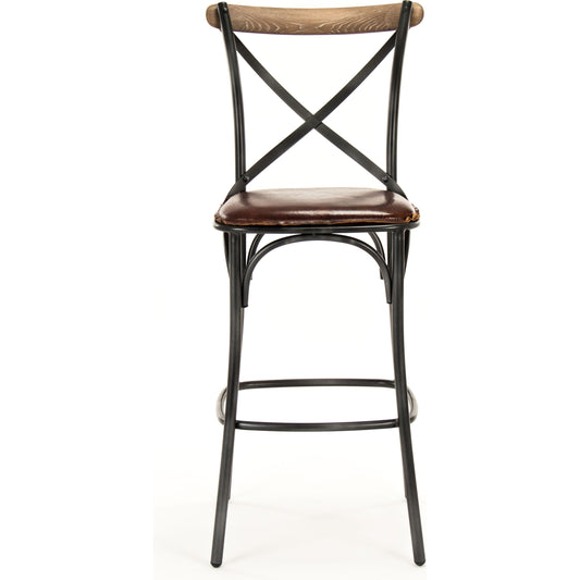 Zain Bar Stool by Zentique in antique black, brown leather and iron, leather. Made from iron, leather in a traditional style.