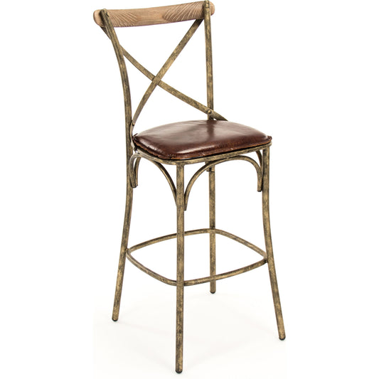 Manos Bar Stool by Zentique in antique bronze, brown leather and iron, leather. Made from iron, leather in a rustic style.