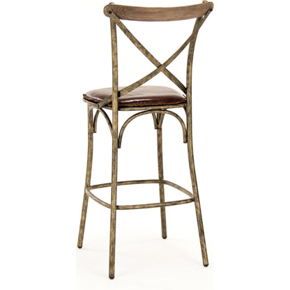 Manos Bar Stool by Zentique in antique bronze, brown leather and iron, leather. Made from iron, leather in a rustic style.