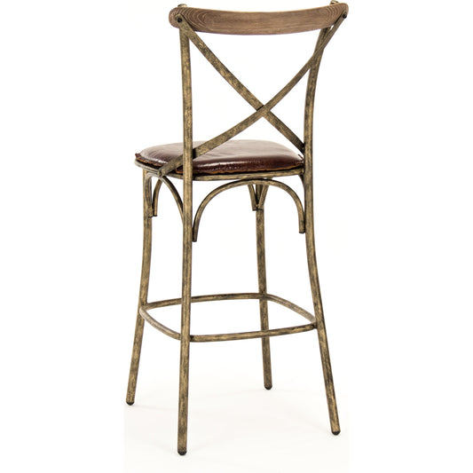 Manos Bar Stool by Zentique in antique bronze, brown leather and iron, leather. Made from iron, leather in a rustic style.