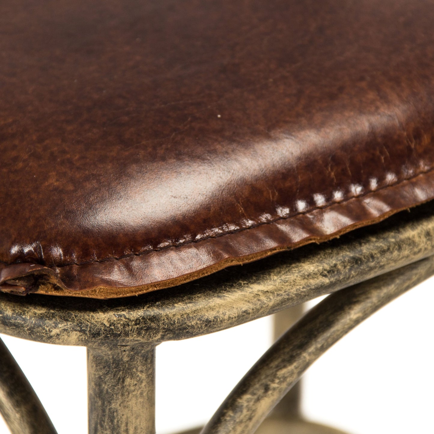 004 S-337746 | Closeup | Manos Bar Stool by Zentique in antique bronze, brown leather and iron, leather. Made from iron, leather in a rustic style.