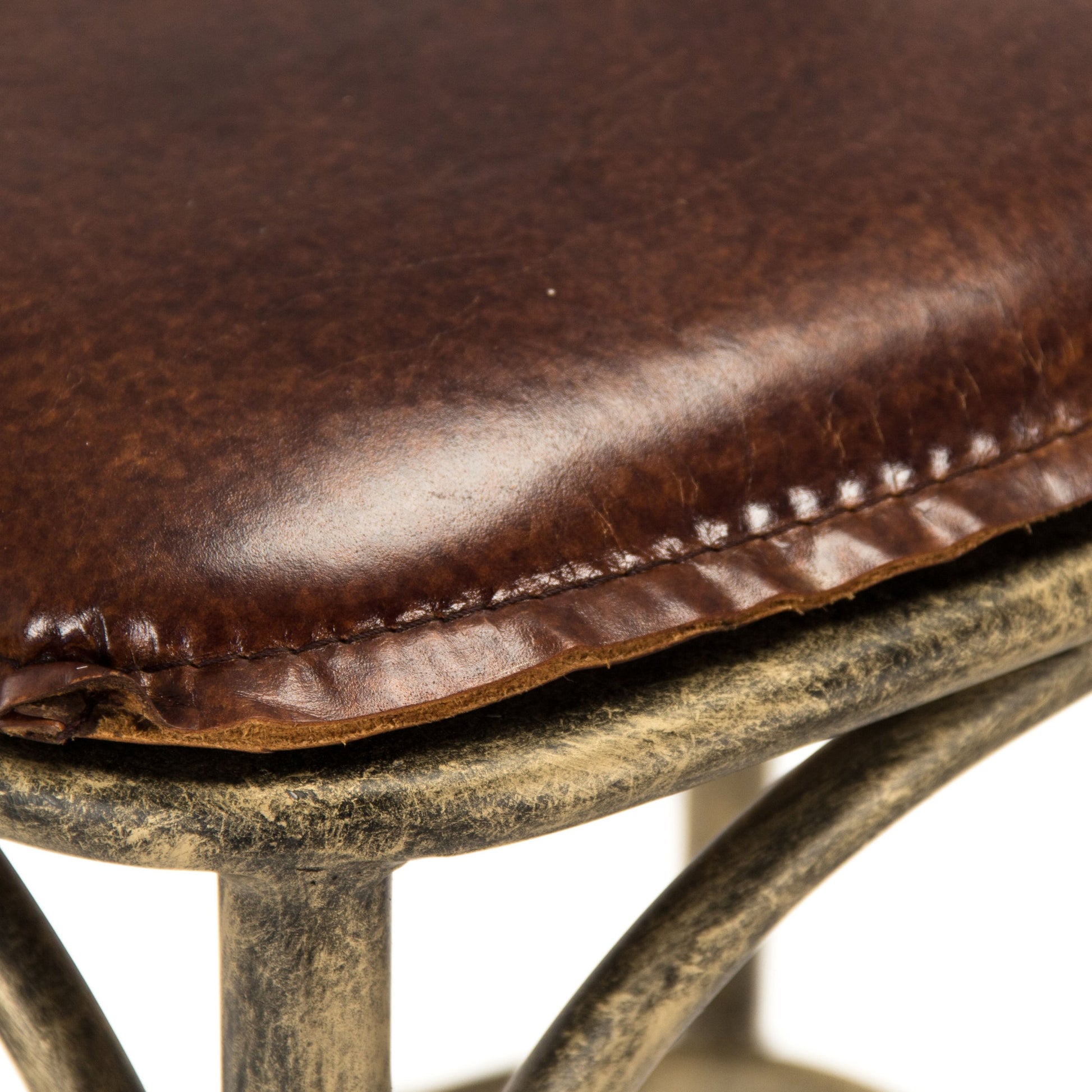 Manos Bar Stool by Zentique in antique bronze, brown leather and iron, leather. Made from iron, leather in a rustic style.