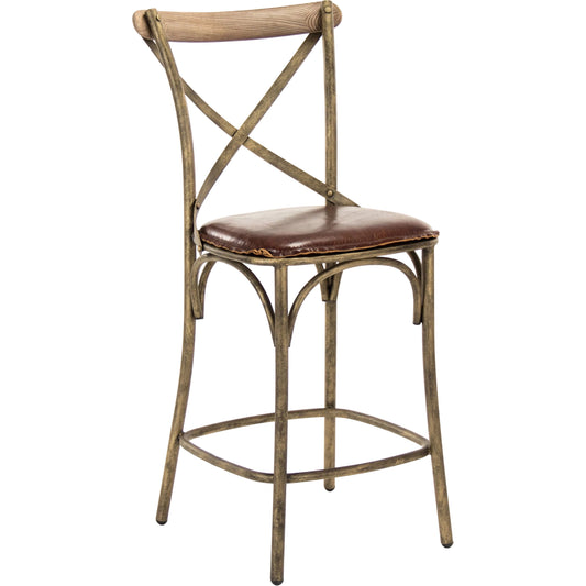 Zain Counter Stool by Zentique in antique bronze, brown leather and iron, leather. Made from iron, leather in a traditional style.