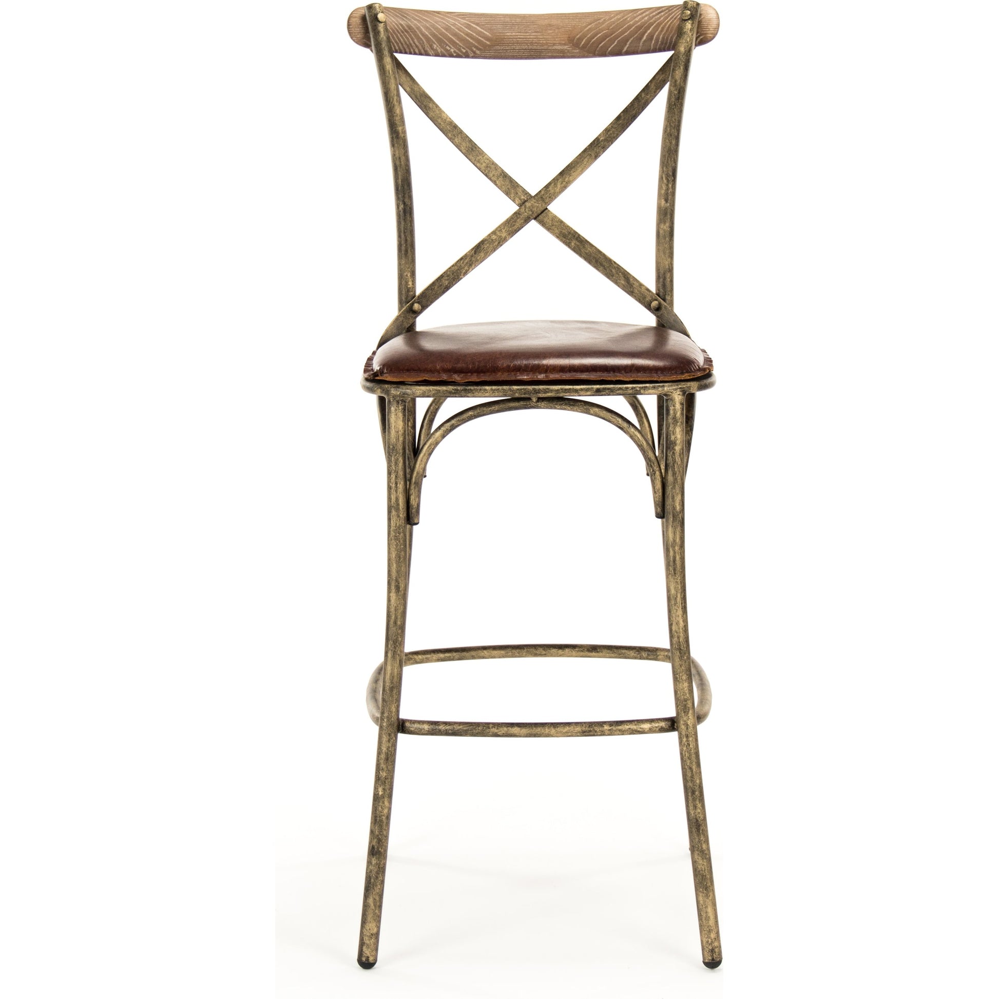 Manos Bar Stool by Zentique in antique bronze, brown leather and iron, leather. Made from iron, leather in a rustic style.