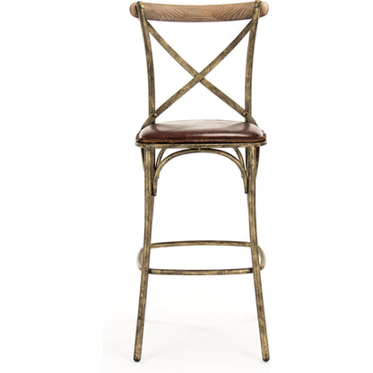 Manos Bar Stool by Zentique in antique bronze, brown leather and iron, leather. Made from iron, leather in a rustic style.