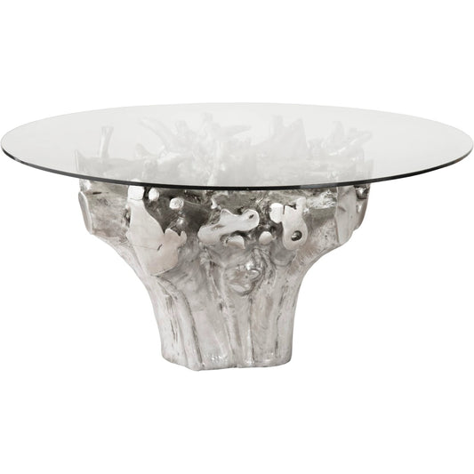 Root Small Silver Dining Table Base by Phillips Collection in silver, clear and silver leaf. Made from resin glass in a modern style.