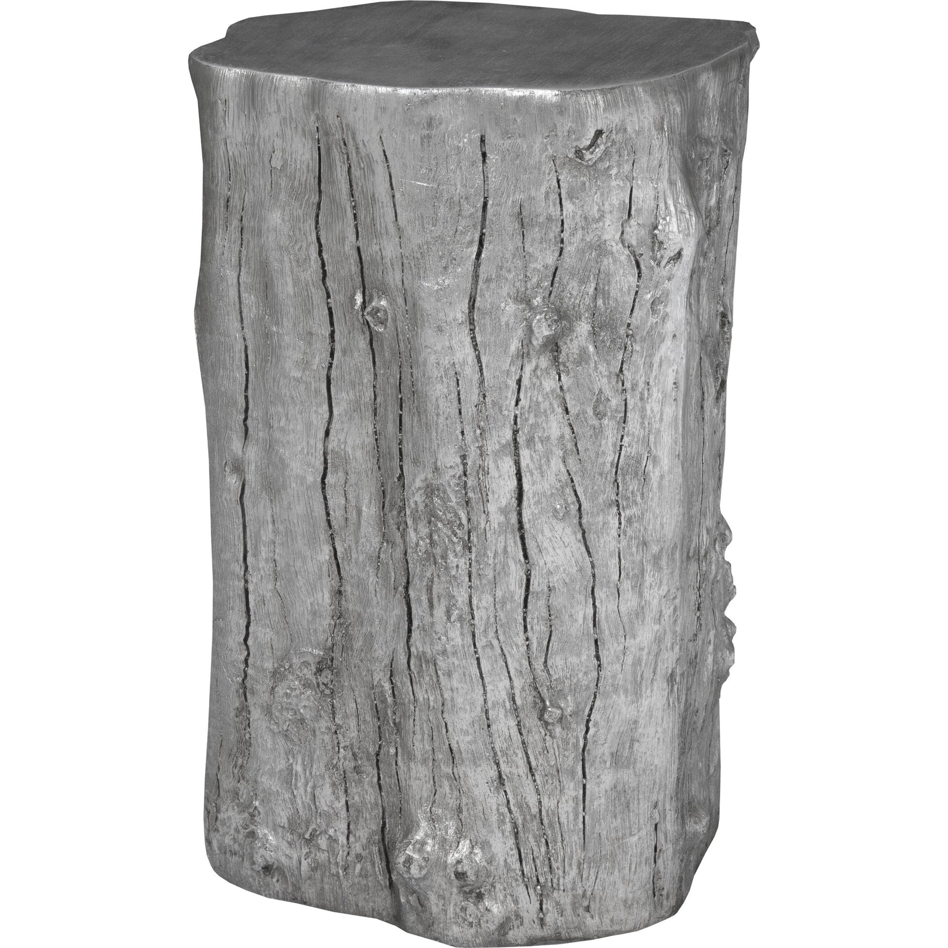Log Silver Stool by Phillips Collection in silver and silver leaf. Made from resin in a eclectic & global style.