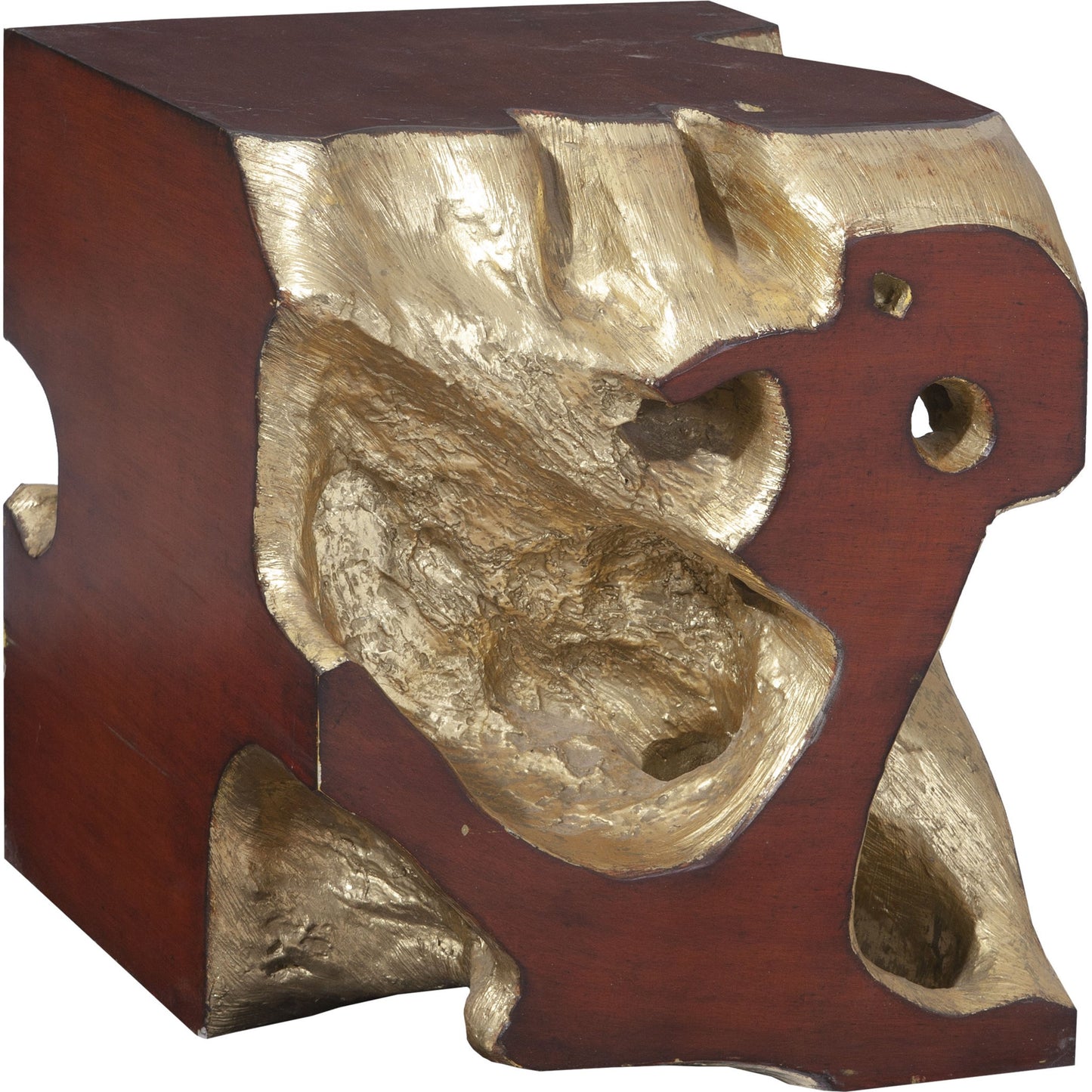 001 SR-820428 | Primary Silo | Freeform Stool by Phillips Collection in brown and gold leaf, faux bois. Made from resin in a modern style.