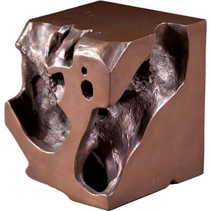 Freeform Stool by Phillips Collection in brown and gold leaf, faux bois. Made from resin in a modern style.