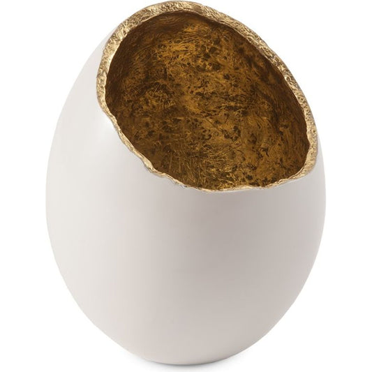 Broken Egg Vase by Phillips Collection in white, gold and gold leaf, pearl white. Made from resin in a modern style.