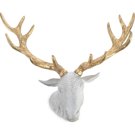 Stag Deer Head by Phillips Collection in white, gold and glossy lacquer, gold leaf. Made from resin in a eclectic & global style.