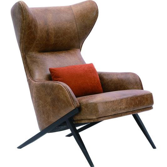 Amos Accent Chair by Moe's Home Collection in cappuccino. Made from top grain leather, iron leg, high density foam, velvet pillow in a modern style.