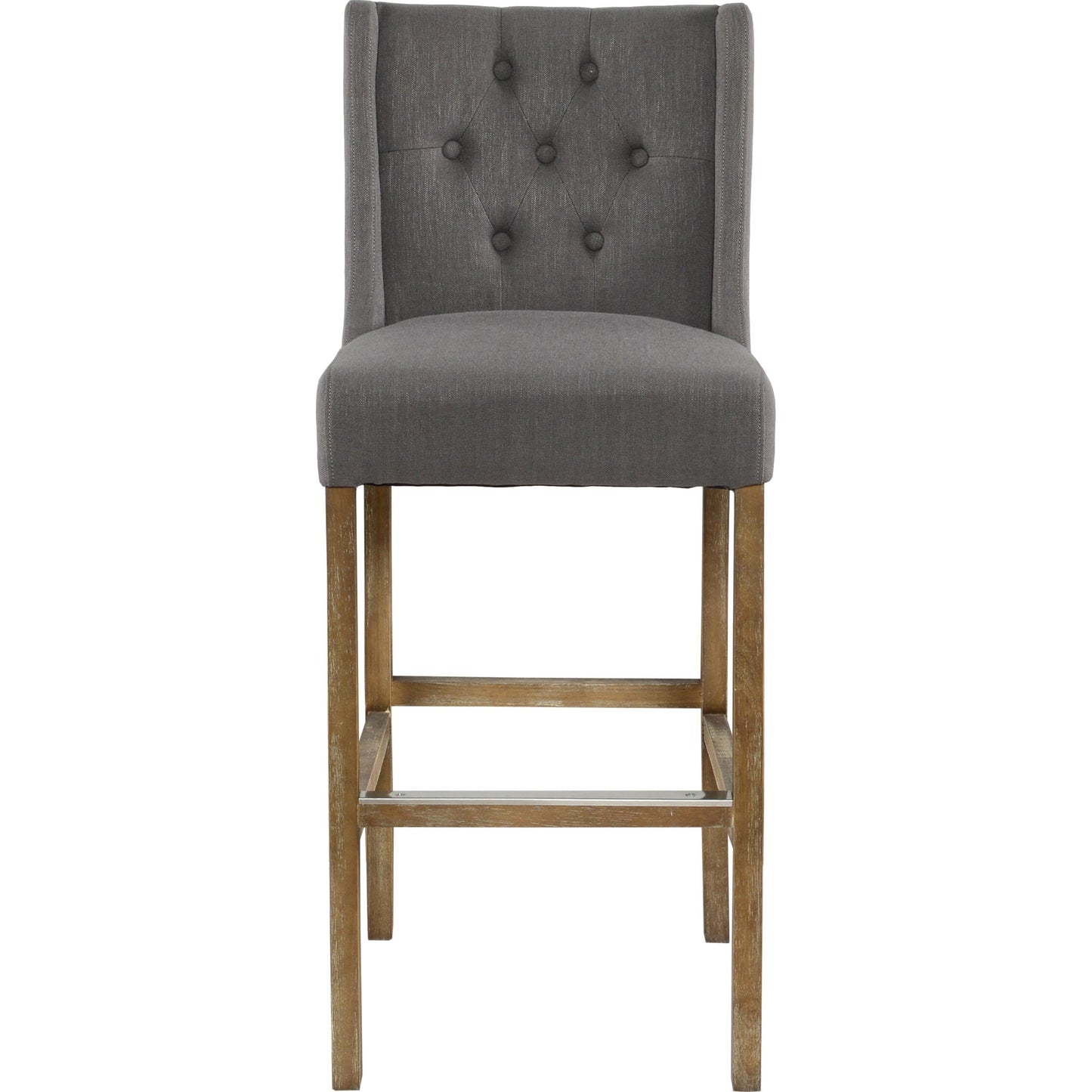 003 SR-897712 | Additional Silo | Karla Tufted Barstool by Kosas Home in gray. Made from blended upholstery (57% polyester 25% viscose 18% linen), rubber wood legs in a transitional style.