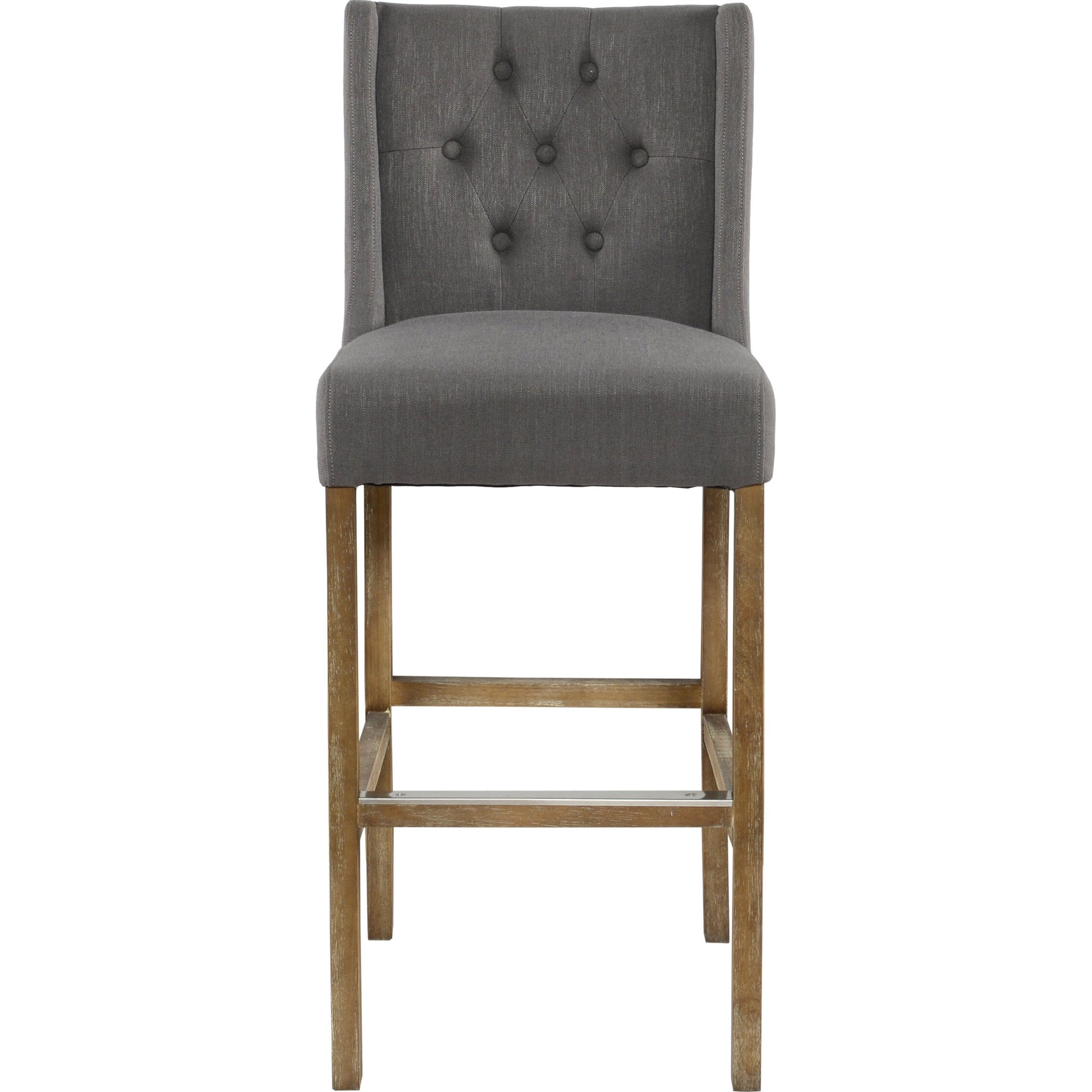 Karla Tufted Barstool by Kosas Home in gray. Made from blended upholstery (57% polyester 25% viscose 18% linen), rubber wood legs in a transitional style.