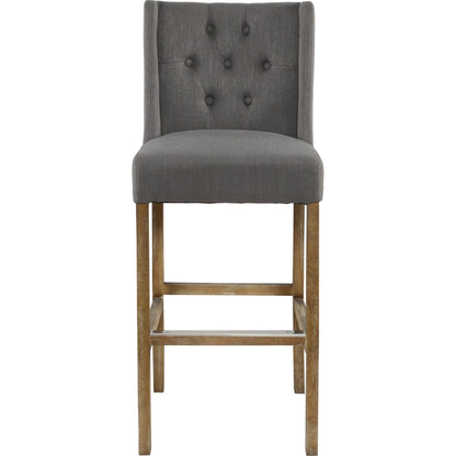 Karla Tufted Barstool by Kosas Home in gray. Made from blended upholstery (57% polyester 25% viscose 18% linen), rubber wood legs in a transitional style.