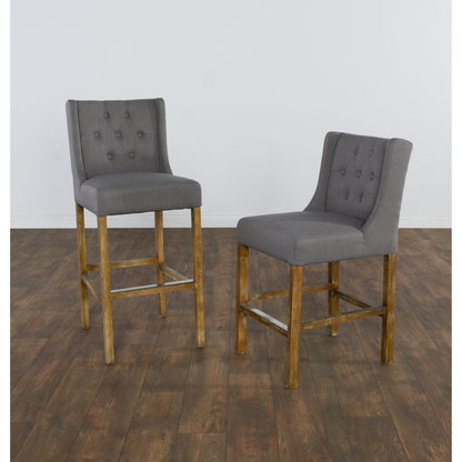 Karla Tufted Barstool by Kosas Home in gray. Made from blended upholstery (57% polyester 25% viscose 18% linen), rubber wood legs in a transitional style.