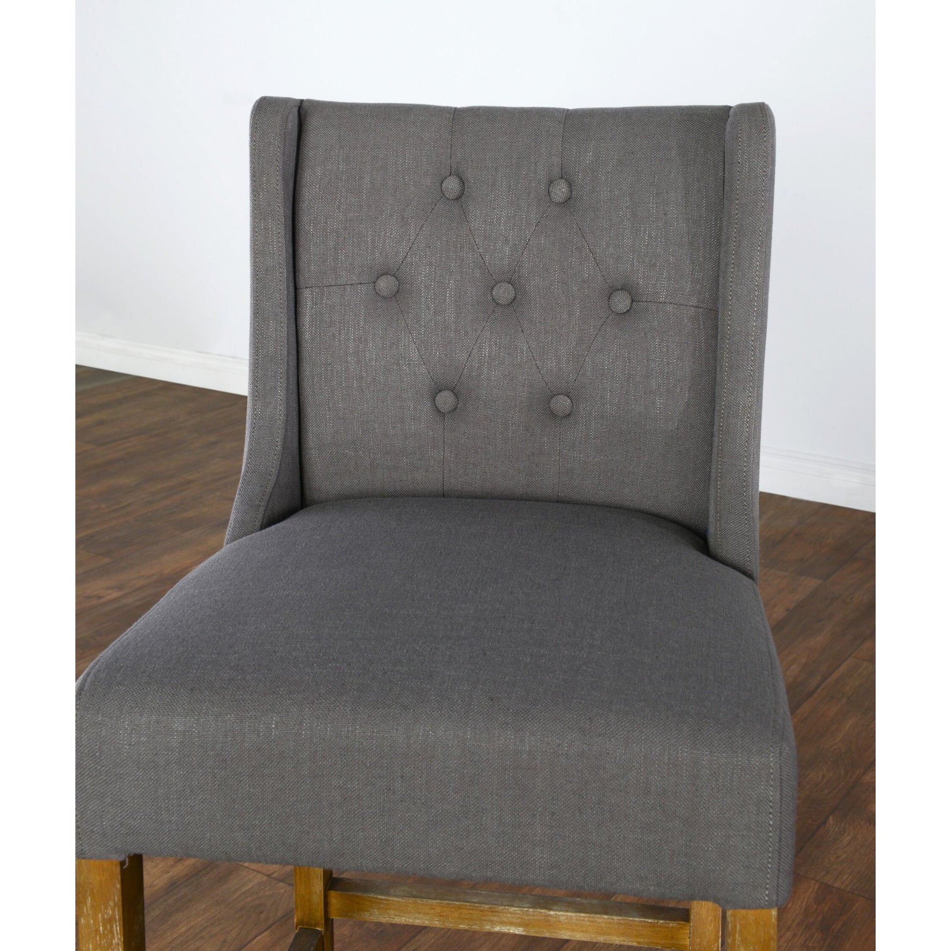 Karla Tufted Barstool by Kosas Home in gray. Made from blended upholstery (57% polyester 25% viscose 18% linen), rubber wood legs in a transitional style.