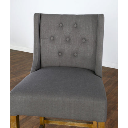 Karla Tufted Barstool by Kosas Home in gray. Made from blended upholstery (57% polyester 25% viscose 18% linen), rubber wood legs in a transitional style.