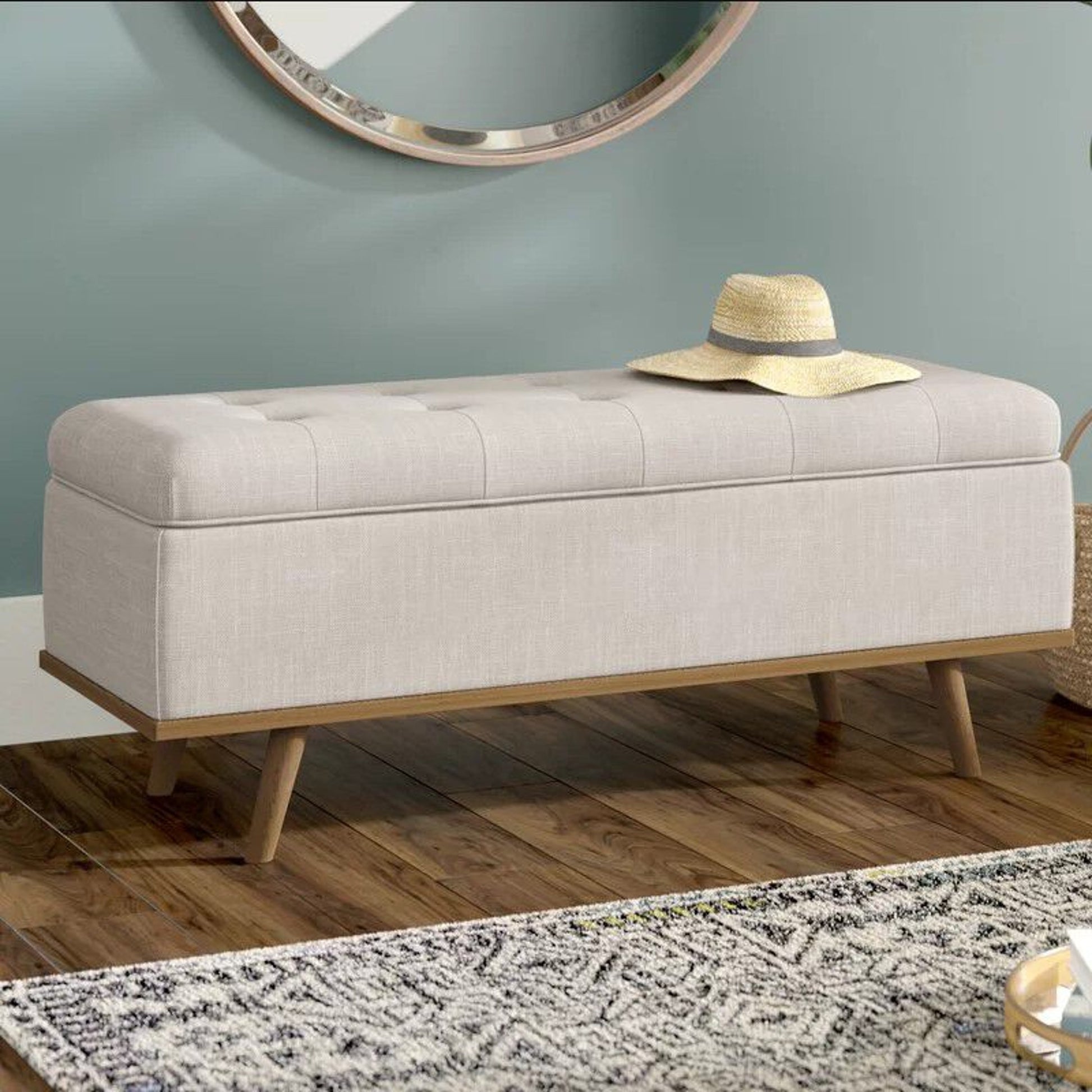 Stimpson Storage Bench by Kosas Home in french beige. Made from solid wood, upholstered in: 57% polyester, 25% viscose, 18% linen in a transitional style.