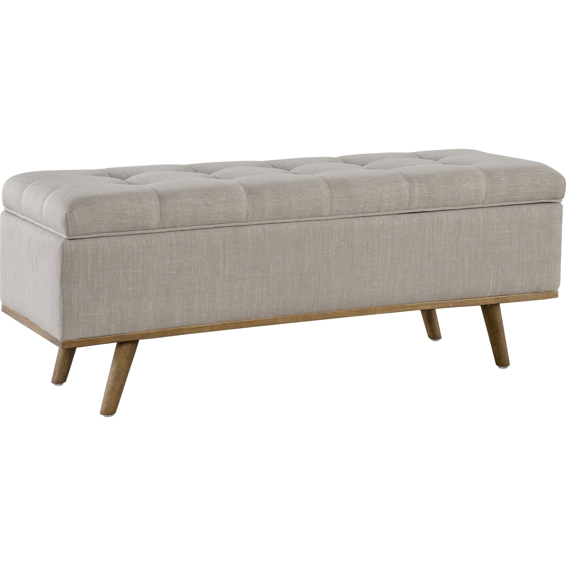 Stimpson Storage Bench by Kosas Home in french beige. Made from solid wood, upholstered in: 57% polyester, 25% viscose, 18% linen in a transitional style.