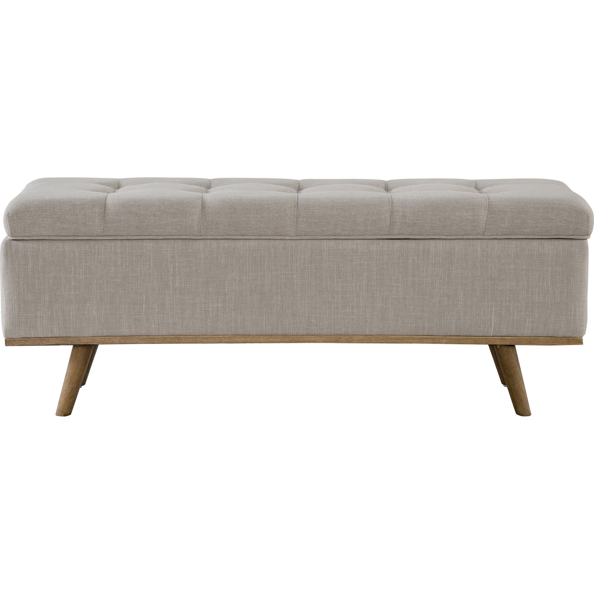 Stimpson Storage Bench by Kosas Home in french beige. Made from solid wood, upholstered in: 57% polyester, 25% viscose, 18% linen in a transitional style.
