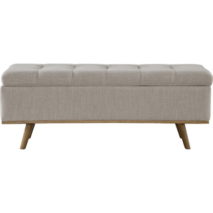 Stimpson Storage Bench by Kosas Home in french beige. Made from solid wood, upholstered in: 57% polyester, 25% viscose, 18% linen in a transitional style.