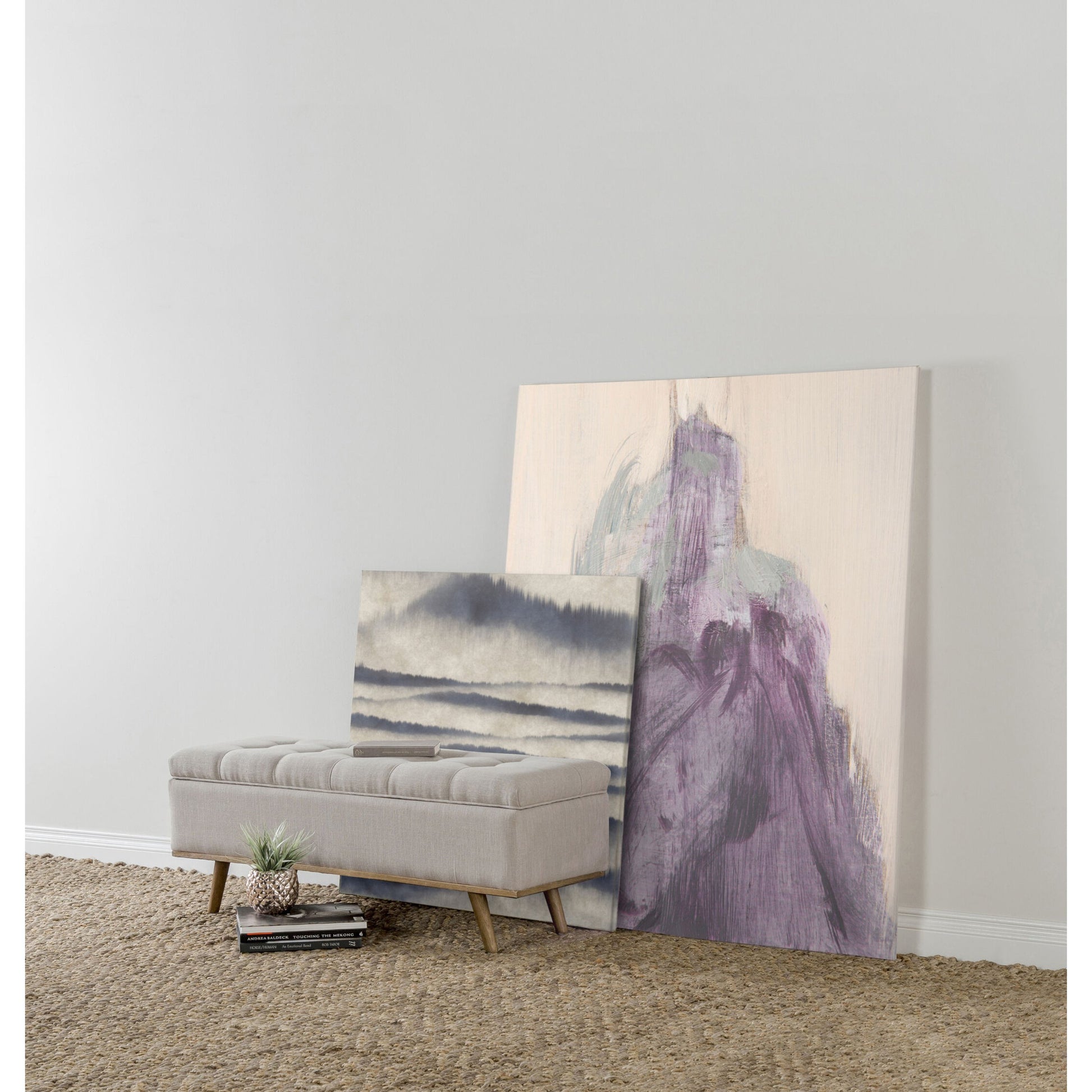 Stimpson Storage Bench by Kosas Home in french beige. Made from solid wood, upholstered in: 57% polyester, 25% viscose, 18% linen in a transitional style.