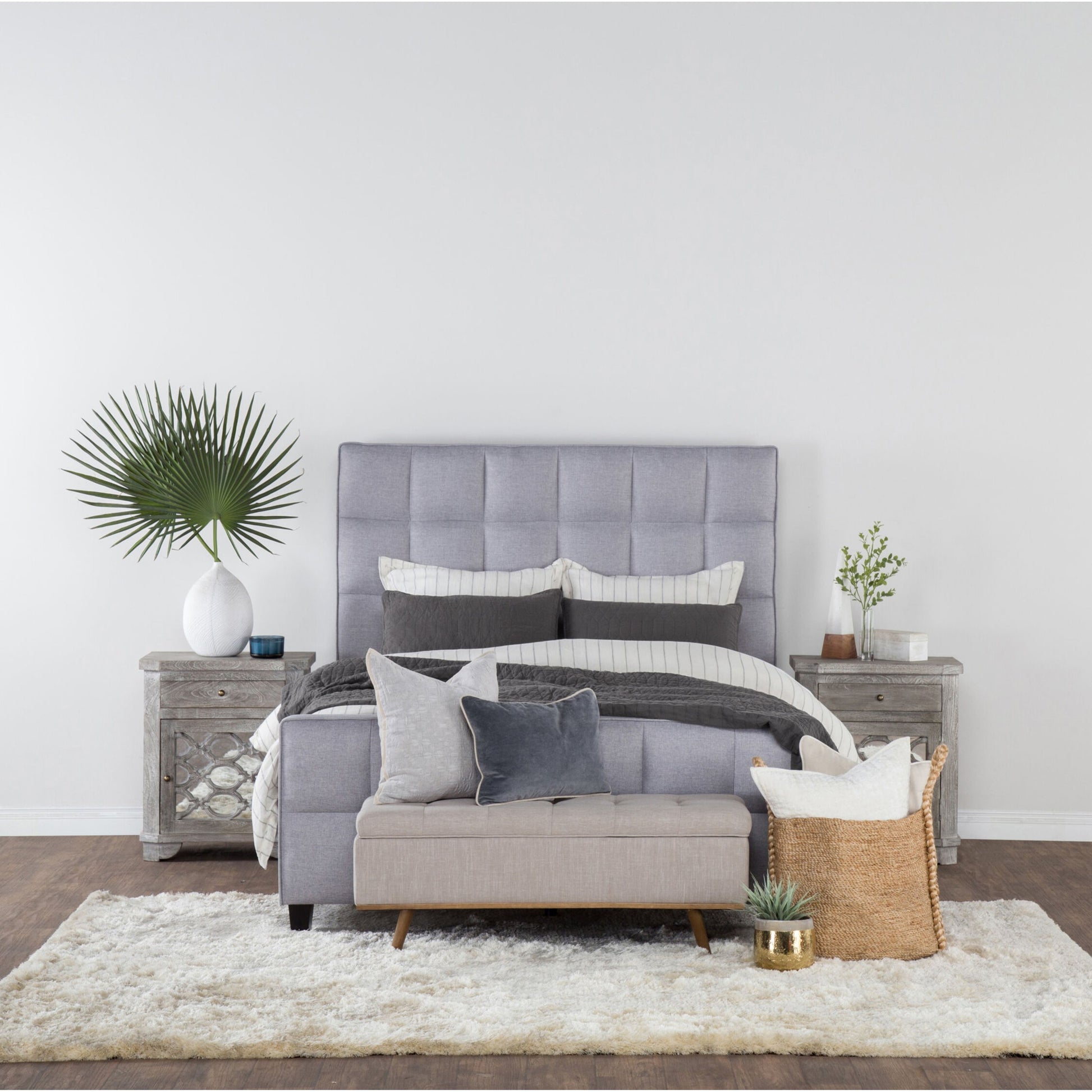 Stimpson Storage Bench by Kosas Home in french beige. Made from solid wood, upholstered in: 57% polyester, 25% viscose, 18% linen in a transitional style.