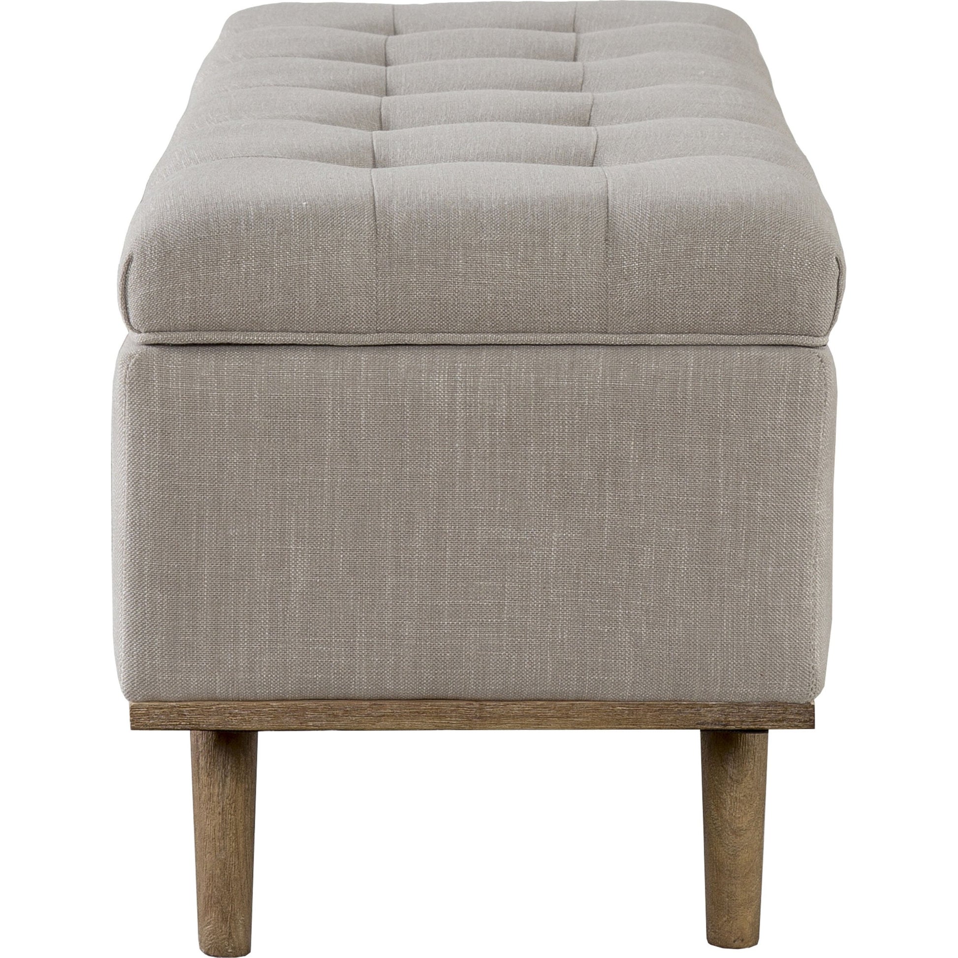 Stimpson Storage Bench by Kosas Home in french beige. Made from solid wood, upholstered in: 57% polyester, 25% viscose, 18% linen in a transitional style.