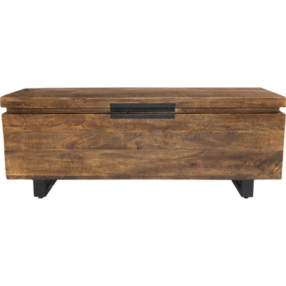 Zoe Storage Trunk by Kosas Home in honey brown. Made from mango wood, iron base in a rustic style.