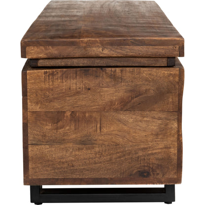 Zoe Storage Trunk by Kosas Home in honey brown. Made from mango wood, iron base in a rustic style.