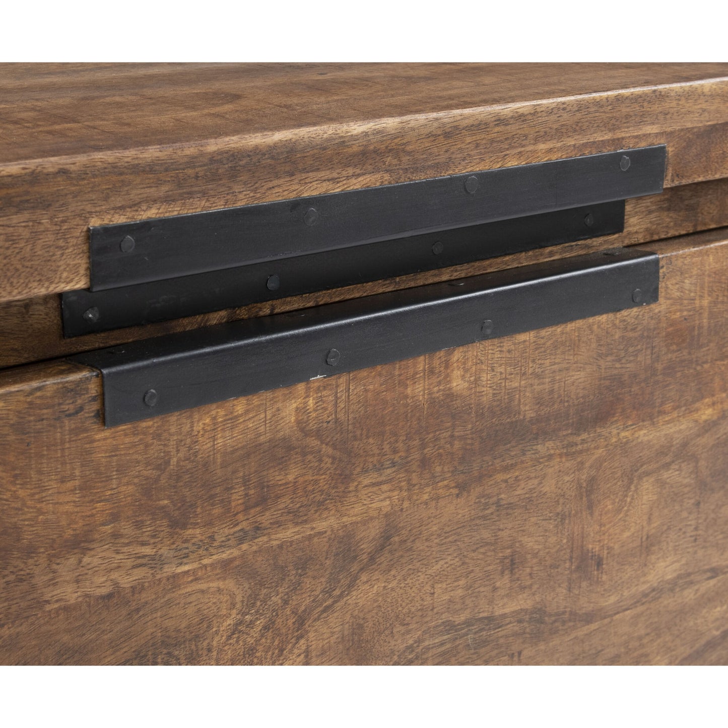 007 SR-897838 | Closeup | Zoe Storage Trunk by Kosas Home in honey brown. Made from mango wood, iron base in a rustic style.