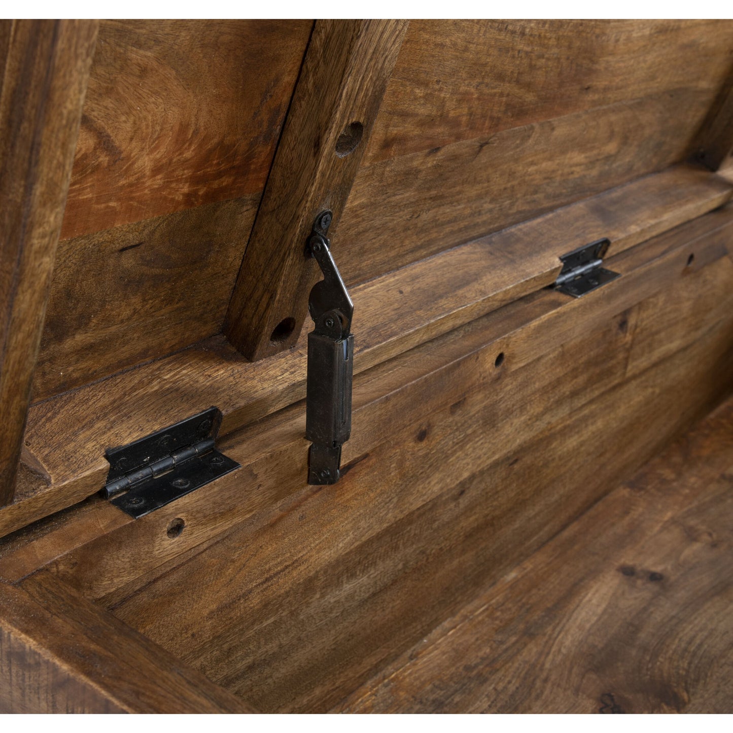 008 SR-897838 | Closeup | Zoe Storage Trunk by Kosas Home in honey brown. Made from mango wood, iron base in a rustic style.