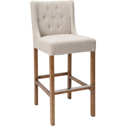Karla Tufted Barstool by Kosas Home in gray. Made from blended upholstery (57% polyester 25% viscose 18% linen), rubber wood legs in a transitional style.