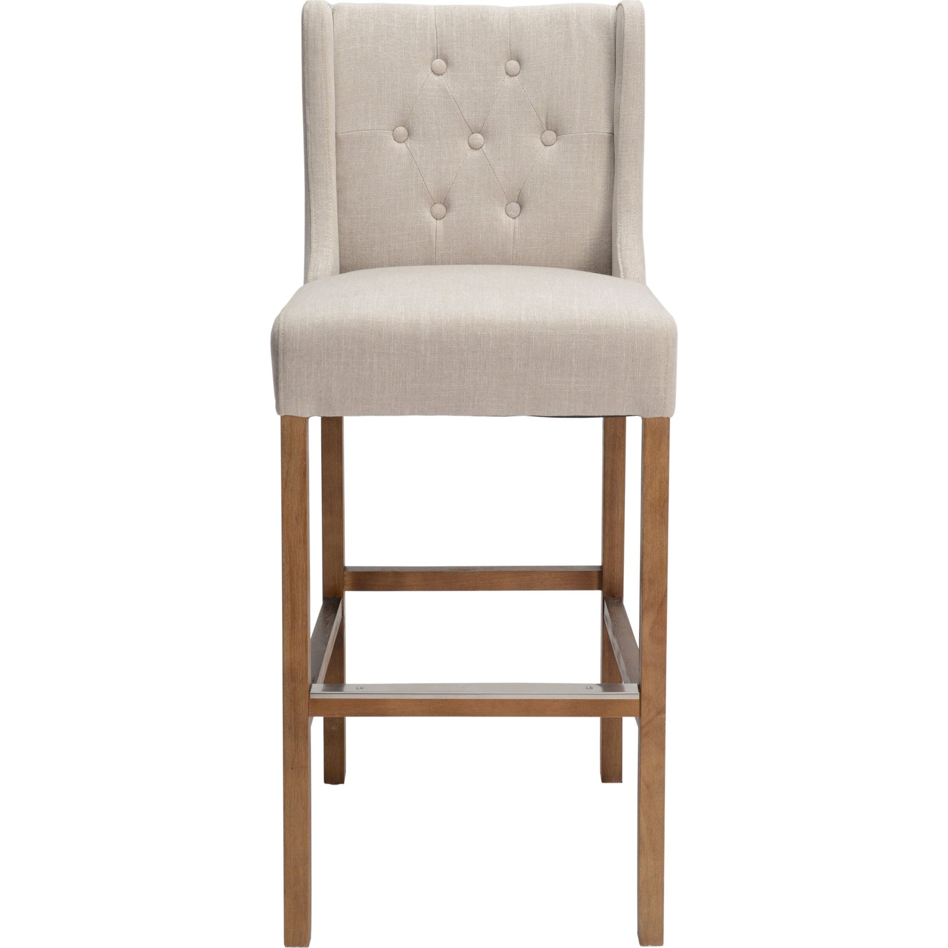 Karla Tufted Barstool by Kosas Home in gray. Made from blended upholstery (57% polyester 25% viscose 18% linen), rubber wood legs in a transitional style.