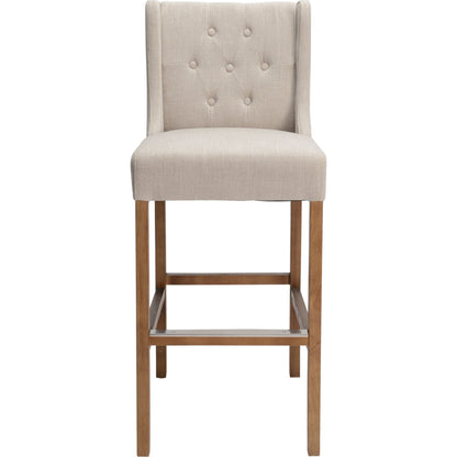 Karla Tufted Barstool by Kosas Home in gray. Made from blended upholstery (57% polyester 25% viscose 18% linen), rubber wood legs in a transitional style.
