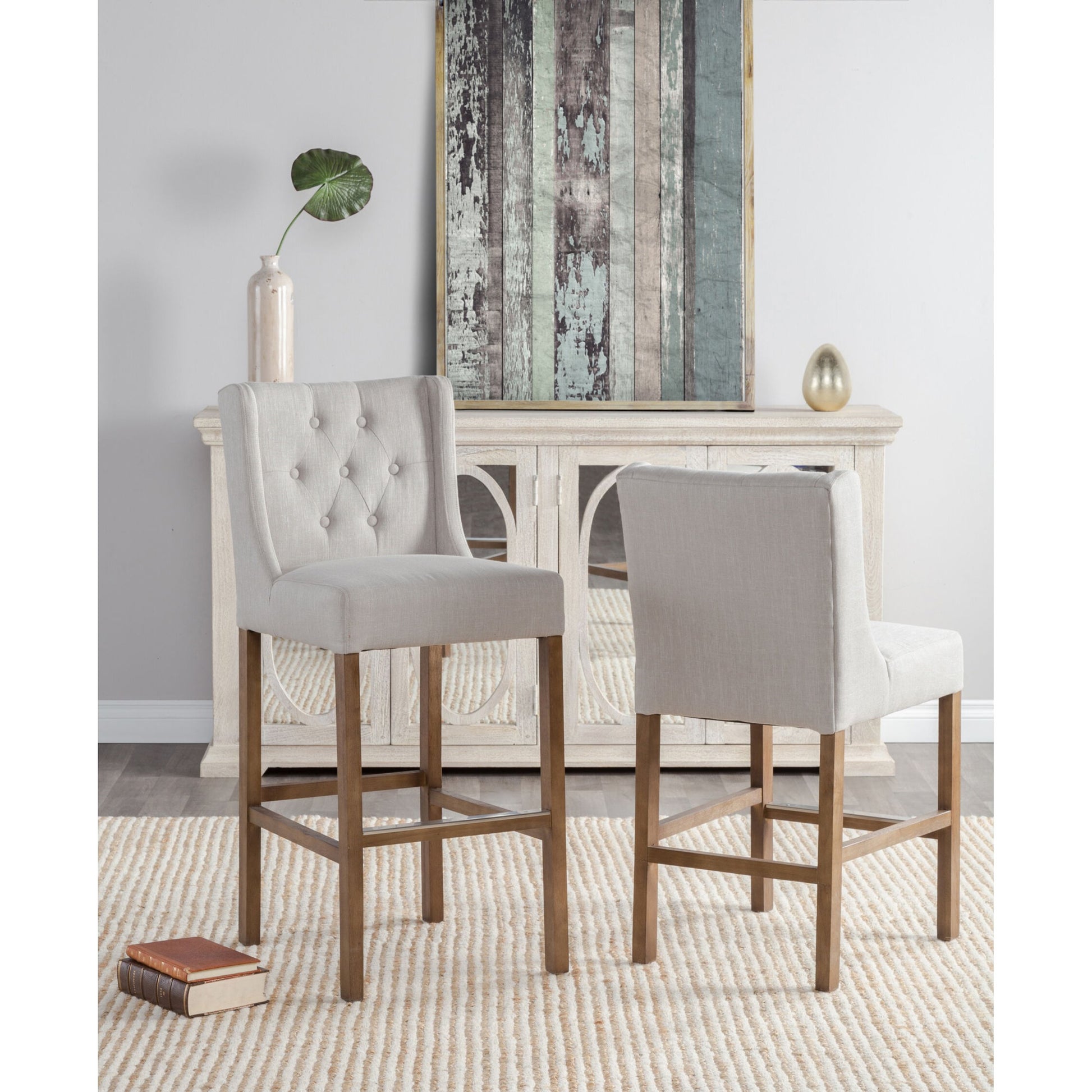 Karla Tufted Barstool by Kosas Home in gray. Made from blended upholstery (57% polyester 25% viscose 18% linen), rubber wood legs in a transitional style.